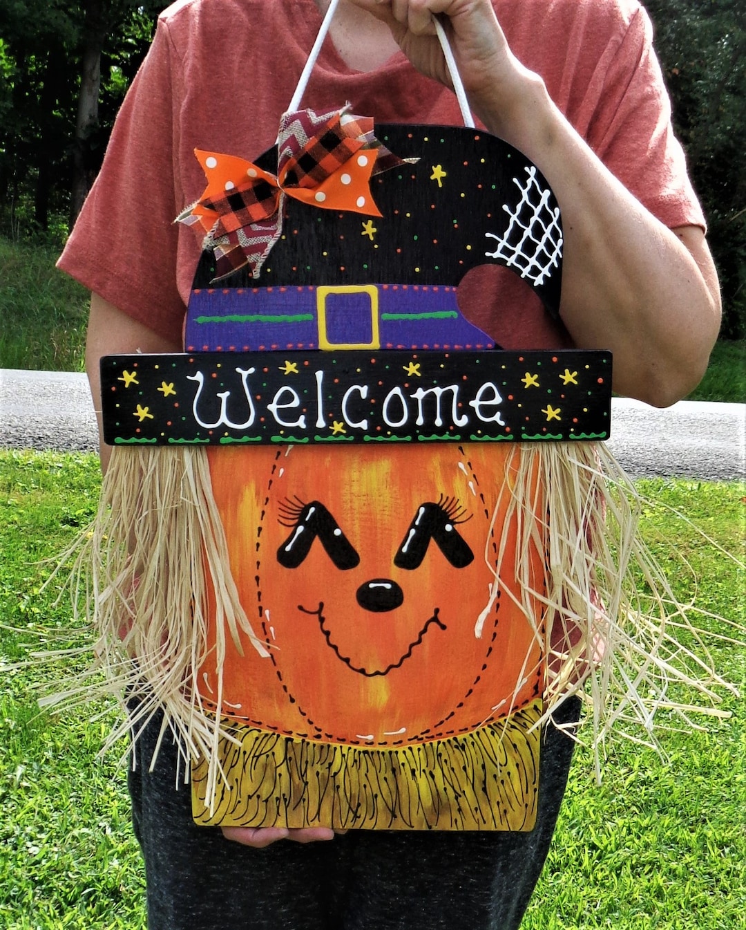 18" PUMPKIN Witch Hat HALLOWEEN SIGN Fall Jack-o-lantern Wall Door Wood ...
