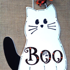 BOO BLACK CAT Ghost Halloween Sign Plaque Wall Decor Room Door Hanger Autumn Fall Wood Wooden Door Hanger