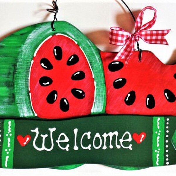 WATERMELON Welcome SIGN Hanger Plaque Home Porch Deck Patio Decor Mesh Wreath Adornment Hand Painted Handcrafted Country Wood Crafts