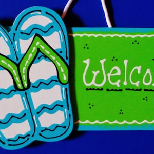 WELCOME FLIP FLOPS Sign Tropical Beach Tiki Bar Hot Tub Deck Patio Pool Backyard Wall Plaque Decor Handcrafted Handpainted Wood Wooden