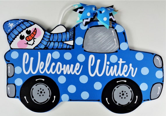 Welcome Winter Vintage Style Snowman Truck W Polka Dots Sign Wall Art Door Hanger Plaque Handcrafted Hand Painted Wood Craft Wood Wooden