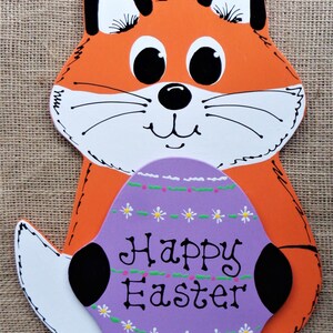 HAPPY EASTER Fox Door SIGN Wall Art Hanger Plaque Holiday Seasonal Spring Handcrafted Hand Painted Wood Wooden  Door Hanger