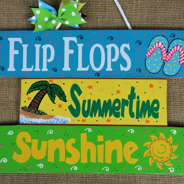 SLATTED SIGN Flip Flops Sunshine Summertime Door Beach Sun Summer Hanger Plaque Wood Wooden Handcrafted Hand Painted Seasonal Decor