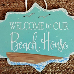 Welcome To Our BEACH HOUSE Sign Ocean Sea Gulls Tropical Tiki Bar Pool Hot Tub Beach Deck Patio Plaque Handcrafted Handpainted Wood Crafts