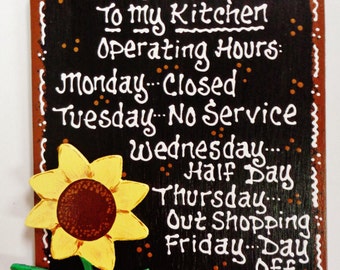 SUNFLOWER OVERLAY Kitchen Operating Hours SIGN Plaque Country Wood Crafts Decor Wood Wooden  Door Hanger