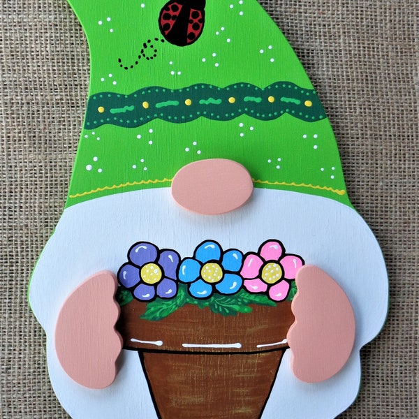 SPRINGTIME GNOME SIGN Wall Art Door Hanger Plaque Holiday Seasonal Spring Handcrafted Hand Painted Wood Wooden Ladybug Wreath Addition