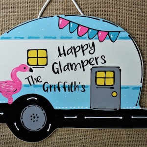 Personalized HAPPY GLAMPERS Flamingo SIGN Camper Campsite Trailer Camp Camping Wood Art Plaque Handcrafted Hand Painted Wooden Door Hanger