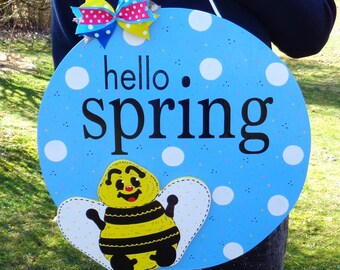 Hello Spring Bee Door Hanger: 18" Hand-Painted Wooden Sign