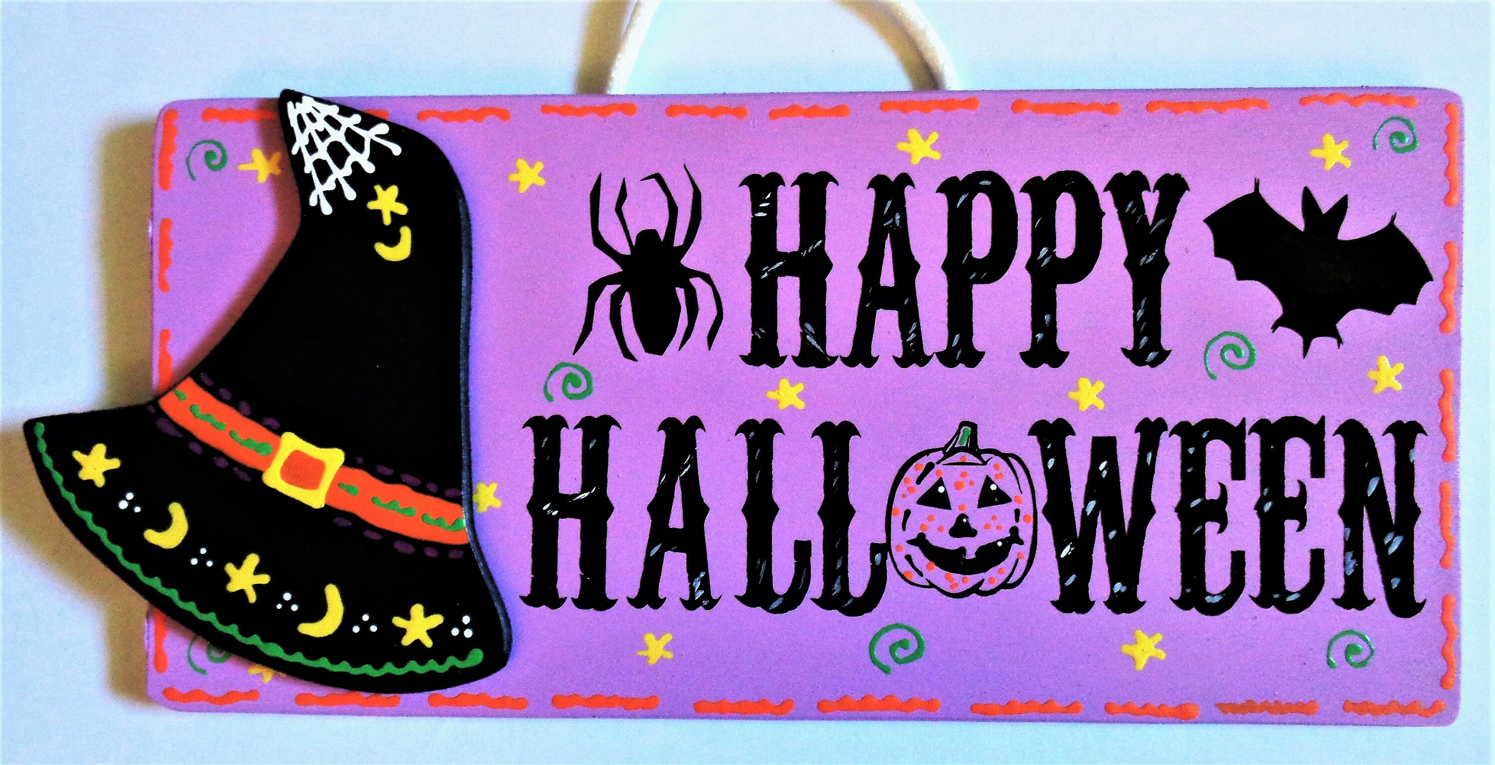 HAPPY HALLOWEEN Witch Hat SIGN Autumn Fall Decor Wall Door Hanging ...