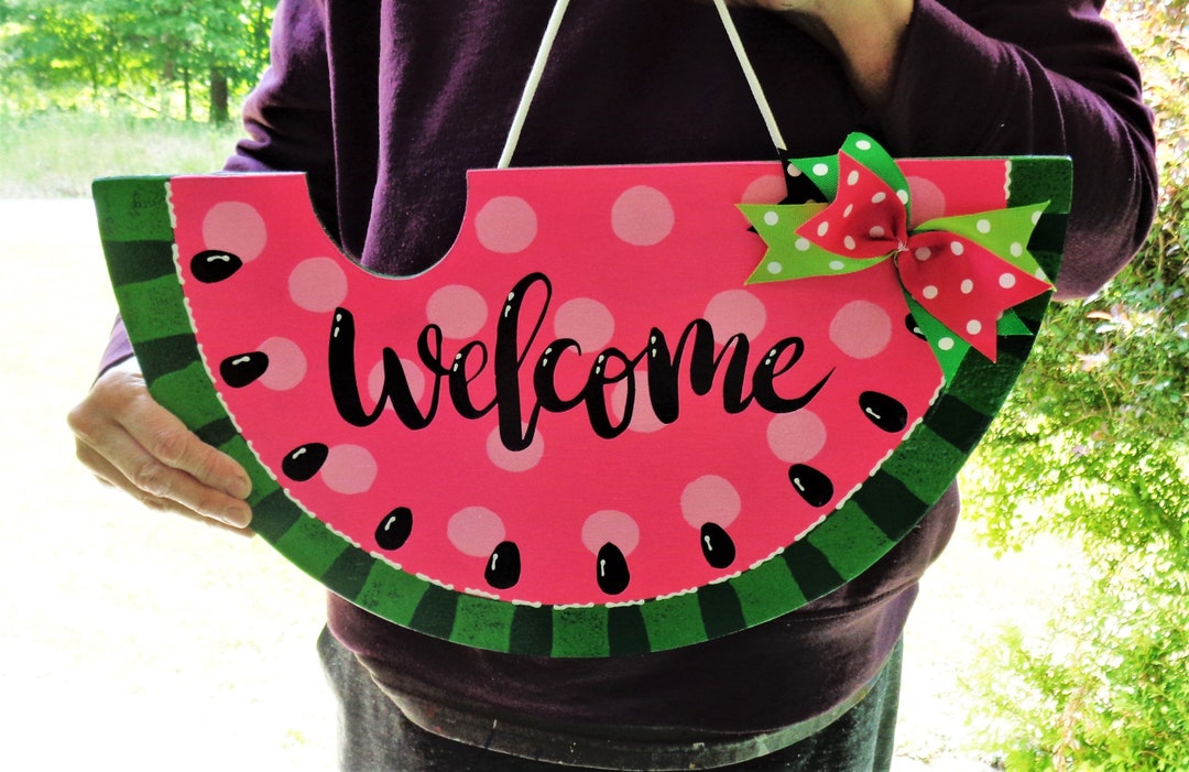 WELCOME 18" Pink Watermelon SIGN Wall Art Door Hanger Plaque Pool ...