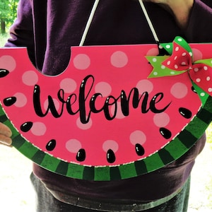WELCOME 18&quot; Pink Watermelon SIGN Wall Art Door Hanger Plaque Pool Backyard Porch Deck Patio Hand Painted Handcrafted Wood Seasonal Summer