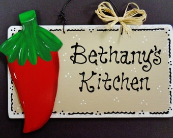 Taupe Red Chili Pepper  OVERYLAY Personalized Name KITCHEN SIGN Southwest Plaque Wood Wooden  Door Hanger