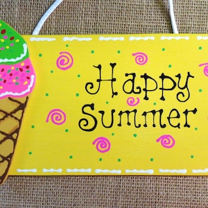 ICE CREAM CONE Happy Summer Sign Wall Hanging Plaque Home Deck Backyard Porch Pool Hand Painted Handcrafted Wood Wooden Door Hanger