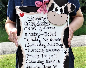 17" COW Kitchen Operating Hours SIGN Plaque Country Folk Art Wood Crafts Decor Handcrafted Handpainted Wood Wooden  Door Hanger