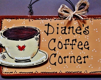 COFFEE CORNER Personalized Name Kitchen SIGN Family Decor Country Wood Crafts Plaque Handcrafted Handpainted Wood Wooden  Door Hanger