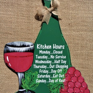 Wine Bottle Glass Grapes Kitchen Hours Sign Plaque Red Wine Operating Hours Wood Wall Bistro Cucina Decor Wood Wooden  Door Hanger