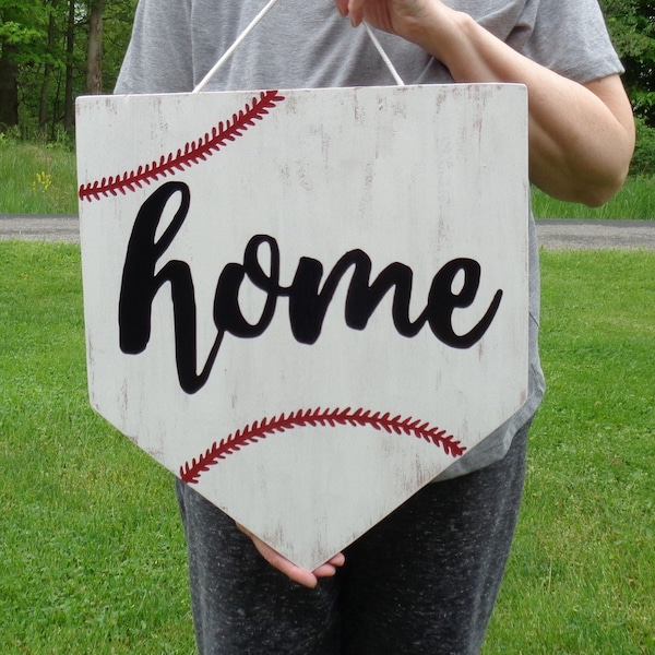 17"  Distressed White Washed BASEBALL HOME PLATE Sign Farmhouse Primitive Handcrafted Wood Wooden Hand Painted Wall Door Plaque Attachment