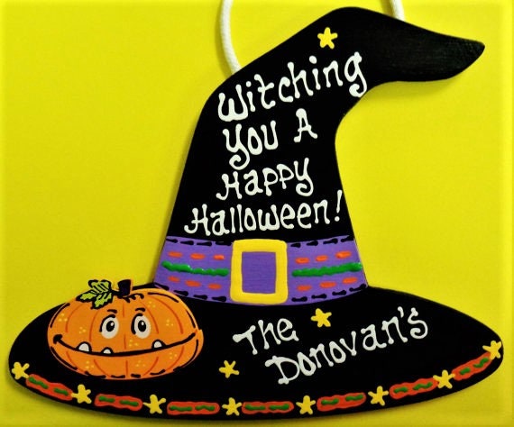 Personalized WITCH HAT Sign Halloween Holiday Fall Autumn Decor Name ...