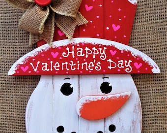 VALENTINE'S DAY Snowman Sign Wall Art Door Hanger Hanging Plaque Handcrafted Hand Painted Wood Wooden Seasonal Decor