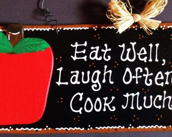 APPLE KITCHEN Eat Well Laugh Often Cook Much SIGN Country Wood Decor Wall Plaque Wood Wooden  Door Hanger