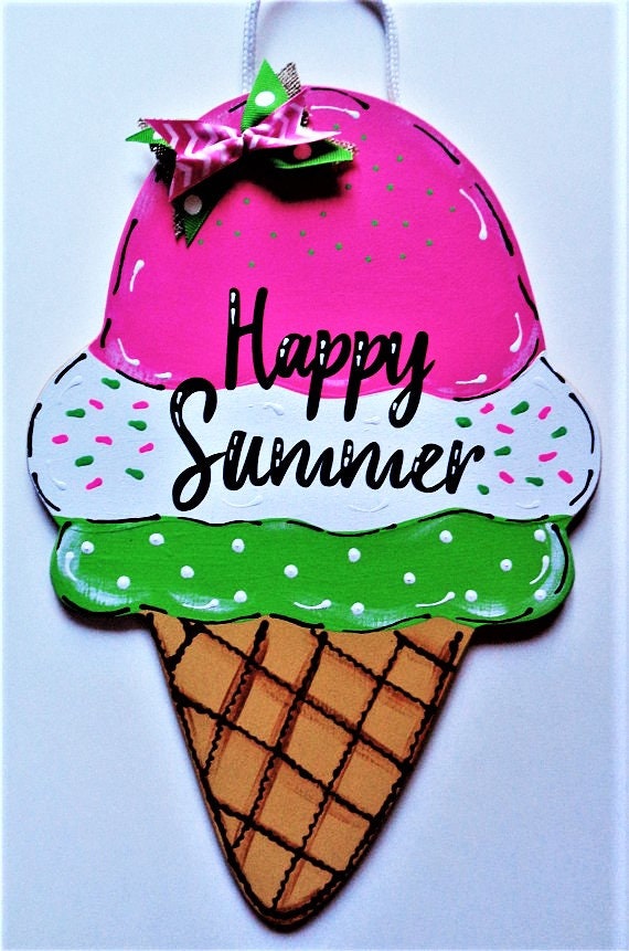 Happy Summer Ice Cream Cone Sign Wall Art Door Hanger Plaque Etsy