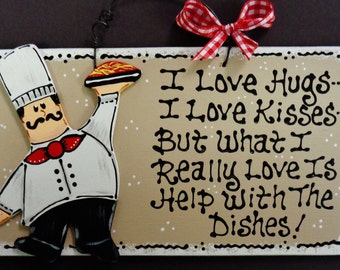 Taupe FAT CHEF OVERLAY Hugs~Kisses~Dishes Kitchen Sign  Bistro Cucina Wall Plaque Wood Wooden  Door Hanger