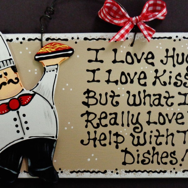 Taupe FAT CHEF OVERLAY Hugs~Kisses~Dishes Kitchen Sign  Bistro Cucina Wall Plaque Wood Wooden  Door Hanger