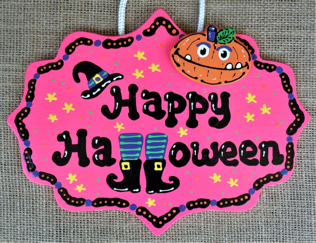 Hot Pink HAPPY HALLOWEEN SIGN Pumpkin Witch Hat & Shoes Wall Hanger ...