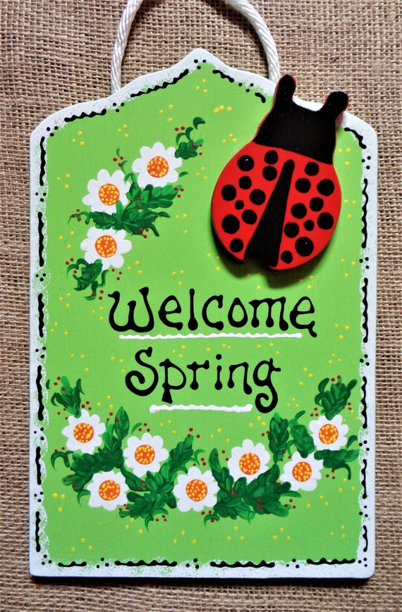 Green Welcome Spring Ladybug Door Room Sign Wood Plaque Wall Etsy