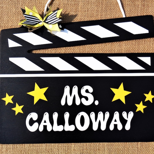 Personalized TEACHER Clapboard Theater Drama Play Movie Actor SIGN Name Plaque School Class Handcrafted Hand Painted Wood Wooden Door Hanger