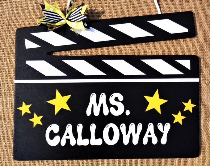 Personalized TEACHER Clapboard Theater Drama Play Movie Actor SIGN Name Plaque School Class Handcrafted Hand Painted Wood Wooden Door Hanger