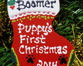 Christmas OrnamentU Choose Name & Date Personalized PUPPY&#39;S FIRST Christmas ORNAMENT Name Dog Groomer Wood Wooden  Gift Tag