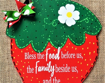 Blessing Prayer STRAWBERRY Bless Food Family Love KITCHEN SIGN Wall Hanger Plaque Handcrafted Hand Painted Country Wood Crafts Wood Wooden