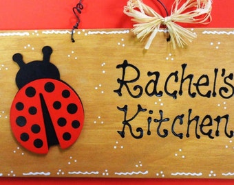 PERSONALIZED Stained Sign LADYBUG KITCHEN Name Wall Plaque Country Wood Decor Wood Wooden  Door Hanger