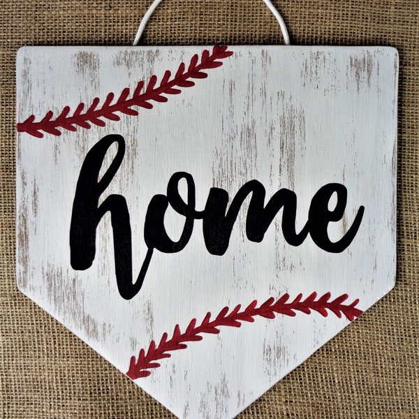 Distressed White Washed BASEBALL HOME PLATE Sign Farmhouse Primitive Handcrafted Wood Wooden Hand Painted Wall Door Plaque Wreath Attachment