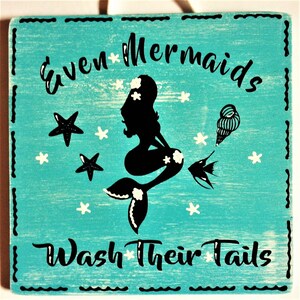 MERMAIDS Wash Their Tails BATH SIGN Bathroom Wall Hanger Hanging Plaque Ocean Beach Tropical Decor Wood Wooden  Door Hanger