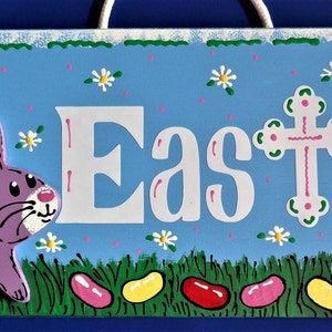 EASTER Bunny Rabbit Wall Door SIGN Hanger Hanging Plaque Seasonal Spring Decor Handcrafted Hand Painted Holiday Wood Wooden  Door Hanger
