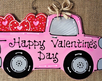 Happy Valentine's Day VINTAGE STYLE TRUCK Sign Wall Door Hanger Hanging Wall Art Plaque Handcrafted Hand Painted Country Wood Craft