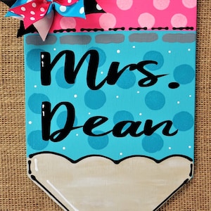 Personalized TEACHER PENCIL SIGN Name Plaque School Class Classroom Wall Hanger Handcrafted Hand Painted Wood Wooden Door Hanger