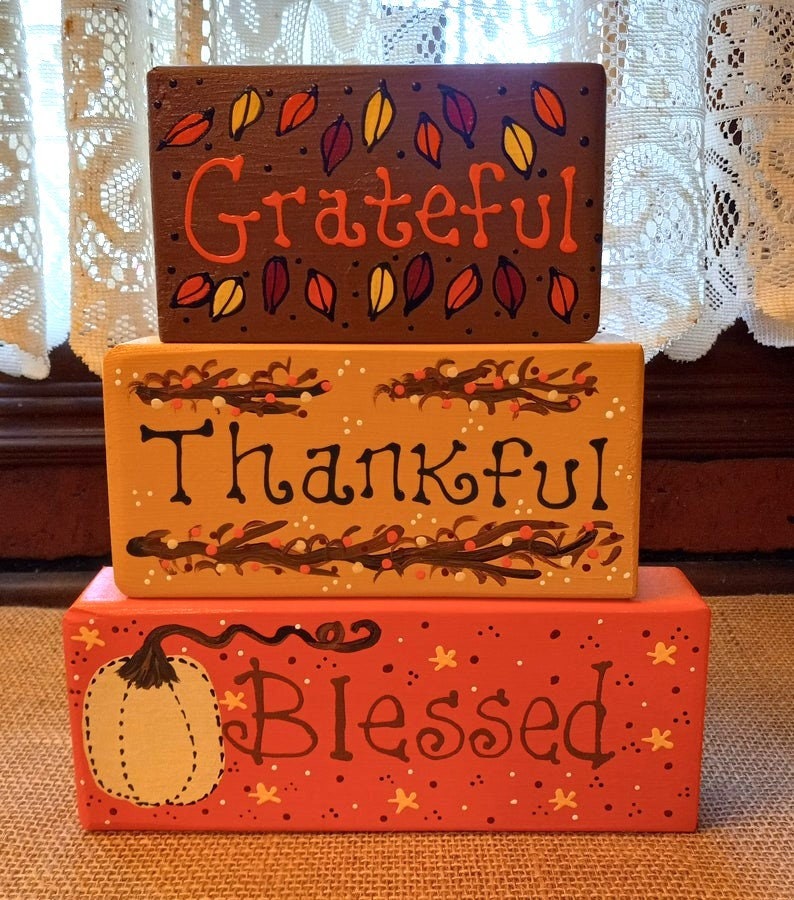 Grateful Thankful Blessed WOOD BLOCK Shelf Sitter SET Thanksgiving Fall Autumn Chunky Sign Handcrafted Hand Painted Wood Wooden