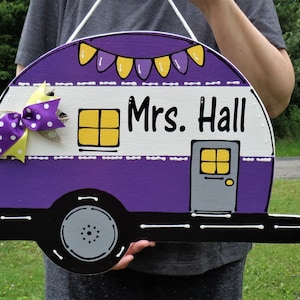 18&quot; PERSONALIZED CAMPER Name SIGN Camping Plaque Family Names Teacher Classroom Campsite Outdoor Wall Camp Decor Wood Wooden Door Hanger