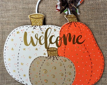 WELCOME Pumpkins THANKSGIVING Fall SIGN Wall Art Hanger Door Plaque Autumn Halloween Decor Country Wood Crafts Hand Painted Wooden