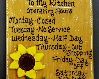 SUNFLOWER OVERLAY Kitchen Operating Hours SIGN Plaque Country Wood Crafts Decor Wood Wooden  Door Hanger