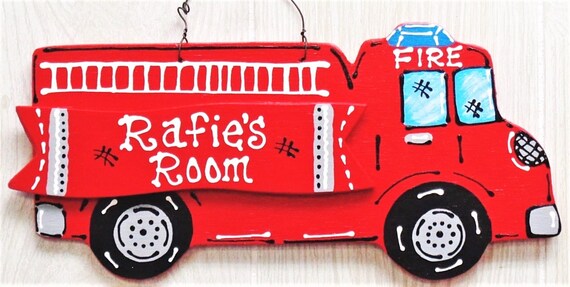Fire Truck Personalized Name Room Sign Firetruck Bedroom Country Decor Door Plaque Handcrafted Handpainted Wood Wooden Door Hanger