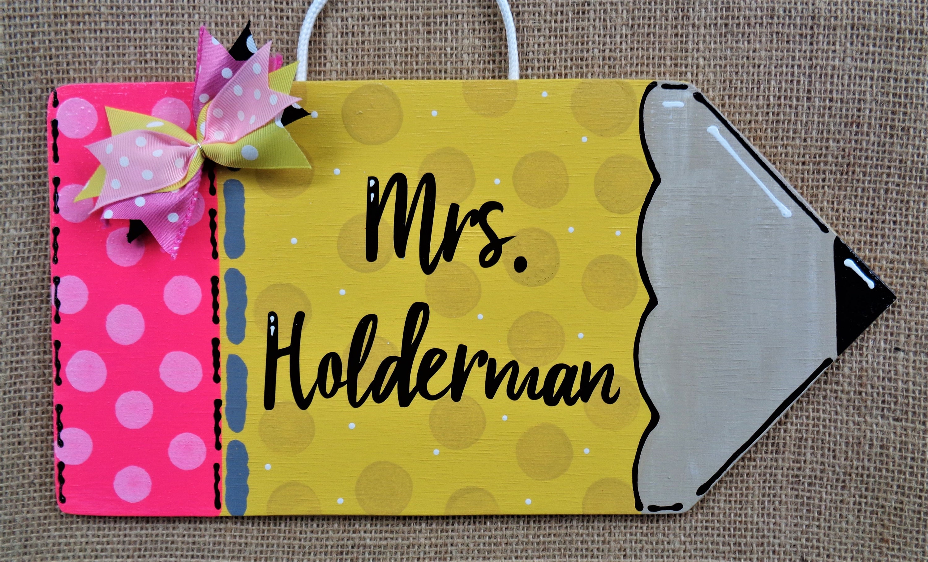 Personalized TEACHER PENCIL SIGN Name Plaque School Class Classroom Wall Hanger Handcrafted Hand Painted Wood Wooden Door Hanger