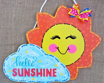 Hello Sunshine SUN WELCOME Shaped SIGN Wall Plaque Deck Patio Door Summer Decor Handcrafted Handpainted Seasonal Wood Wooden Door Hanger