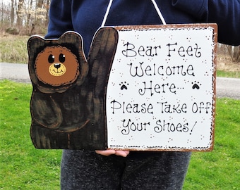 BEAR FEET Welcome Here Please Take Off Your Shoes SIGN Rustic Country Wood Crafts Decor Plaque Wood Wooden  Door Hanger