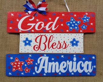 SLATTED (1 Piece) SIGN God Bless America Wall Art Door Patriotic Holiday Hanger Plaque Wood Wooden Handcrafted Hand Painted Seasonal Decor