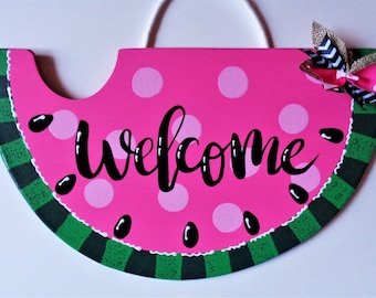 WELCOME Pink Watermelon SIGN Wall Art Door Hanger Plaque Pool Backyard Porch Deck Patio Hand Painted Handcrafted Wood Seasonal Summer