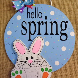 HELLO SPRING Circle Bunny Blue Door Sign Hanger Hanging Plaque Seasonal Spring Holiday Handcrafted Hand Painted Wood Wooden Easter Hanger